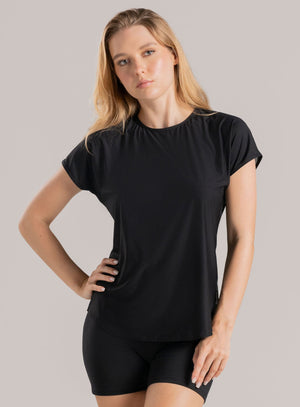 Camiseta deportiva color negro para mujer, marca BABALÚ, referencia 114003, vista frontal. Compra al por mayor en int.babalu.com.co en USD.