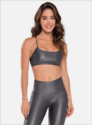 Top deportivo color gris para mujer, marca BABALÚ, referencia 90523, vista frontal. Compra al por mayor en int.babalu.com.co en USD.