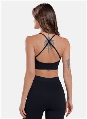 Top deportivo color negro para mujer, marca BABALÚ, referencia 112883, vista trasera. Compra al por mayor en int.babalu.com.co en USD.