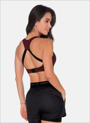 Top deportivo color vino tinto para mujer, marca BABALÚ, referencia 111073, vista trasera. Compra al por mayor en int.babalu.com.co en USD.