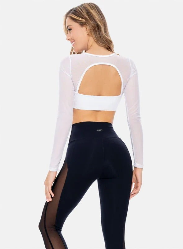 TOP DEPORTIVO MUJER MANGA LARGA CON CORTES EN TELA SEMI TRANSPARENTE TALLA S - M