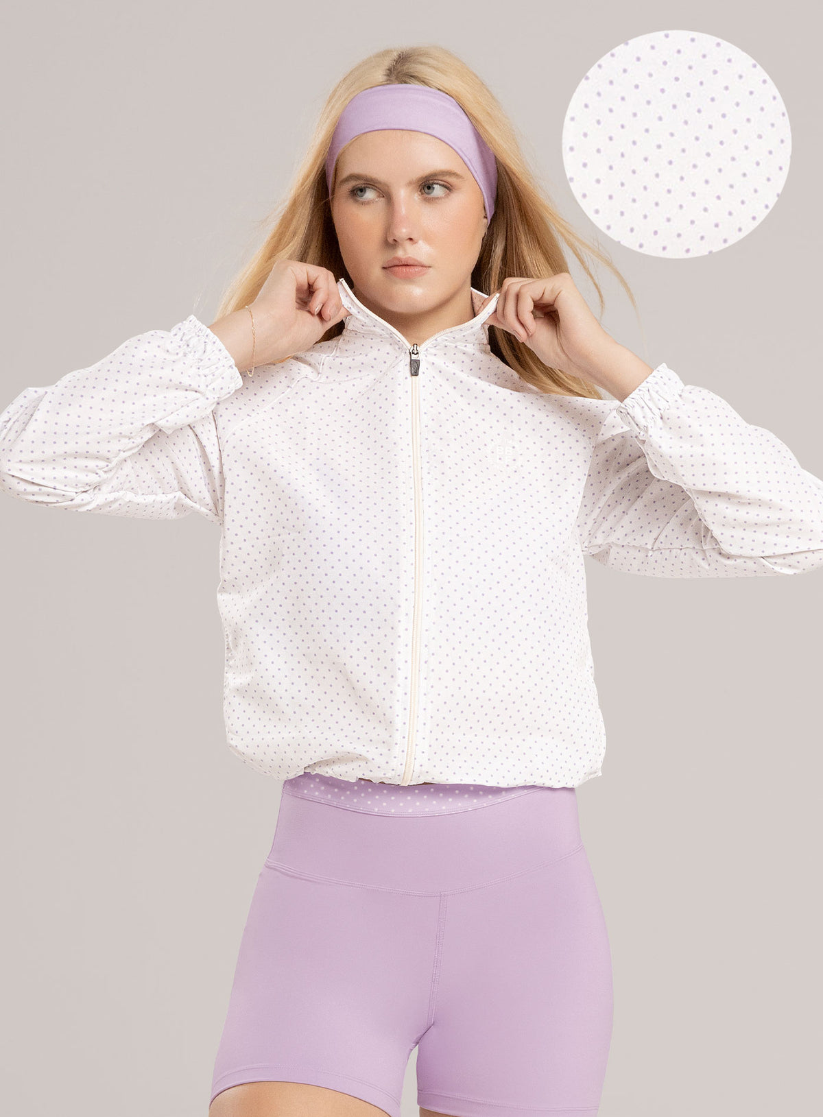 Chaqueta deportiva color lila baby para mujer, marca BABALÚ, referencia 115913, vista frontal. Compra al por mayor en int.babalu.com.co en USD.