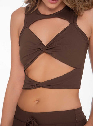 Top deportivo color cafe para mujer, marca BABALÚ, referencia 111423, vista frontal. Compra al por mayor en int.babalu.com.co en USD.