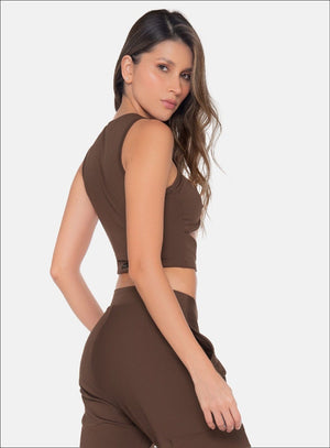 Top deportivo color cafe para mujer, marca BABALÚ, referencia 111423, vista lateral. Compra al por mayor en int.babalu.com.co en USD.