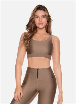 Top deportivo color gris marron para mujer, marca BABALÚ, referencia 109223, vista frontal. Compra al por mayor en int.babalu.com.co en USD.