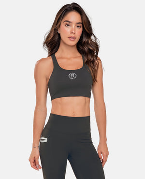 Top deportivo color gris para mujer, marca BABALÚ, referencia 111073, vista frontal. Compra al por mayor en int.babalu.com.co en USD.