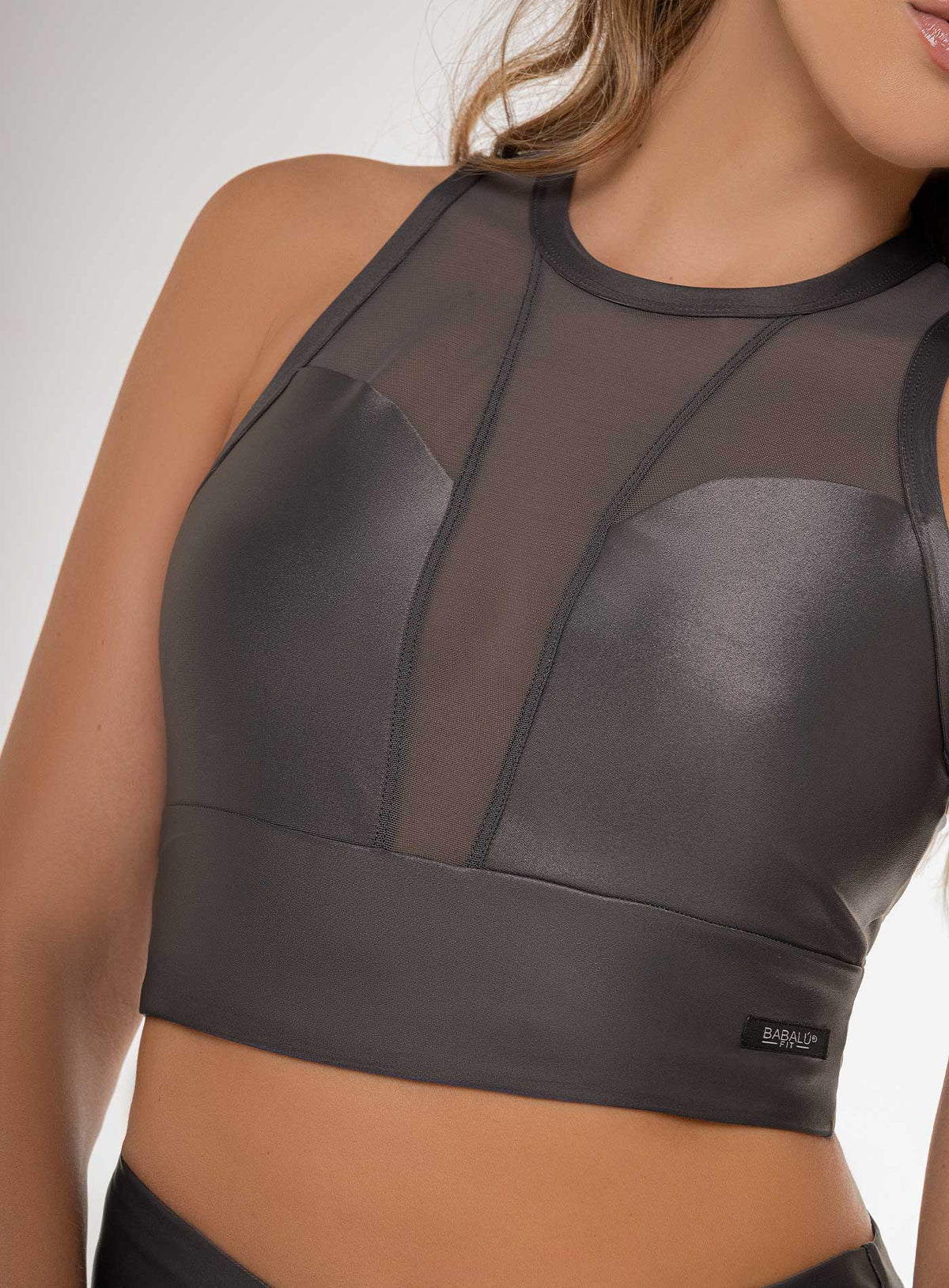Top deportivo color gris para mujer, marca BABALÚ, referencia 112063, vista frontal. Compra al por mayor en int.babalu.com.co en USD.