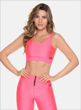 TOP DEPORTIVO CON TELA EFECTO BRILLANTE  CRUZADO EN ESPALDA CON ELASTICO ESPUESTO CON BROCHE PARA MEJOR COMONIDAD