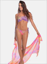 VESTIDO DE BAÑO DOS PIEZAS TELA EFECTO BRLLO, TOP CON VARILLA Y SUBLIMADO EN FLORES