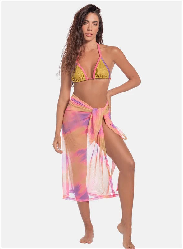 VESTIDO DE BAÑO DOS PIEZAS TELA CON EFECTO BRILLO COMBINADO EN COLORES